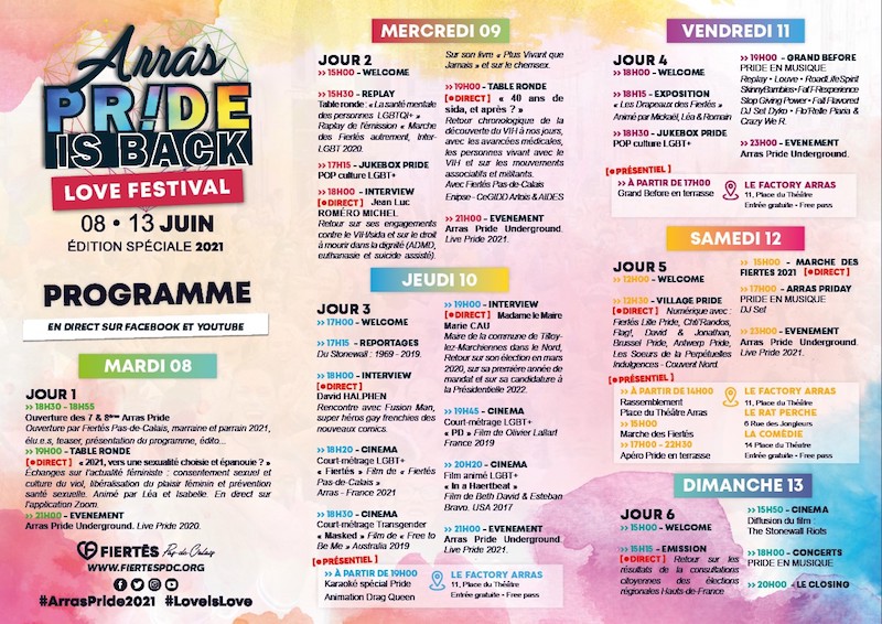 Programme Arras Pride du 8 au 13/6/2021