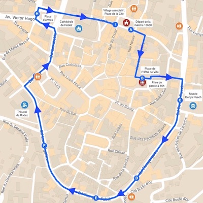 Carte du parcours de la Marche des Fiertés de Rodez 2022