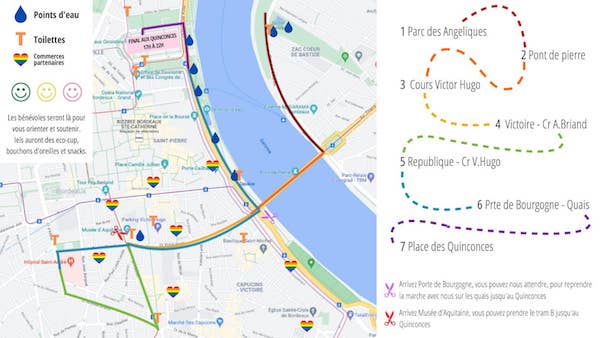 Carte du parcours de la Marche des Fiertés de Bordeaux 2022