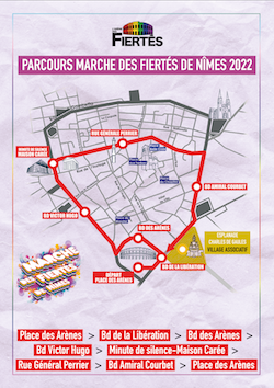Carte du parcours dela Marche des Fiertes de Nîmes 2022
