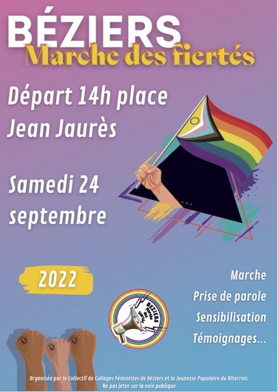 Flyer annoçant la Marche des fiertés de Béziers 2022