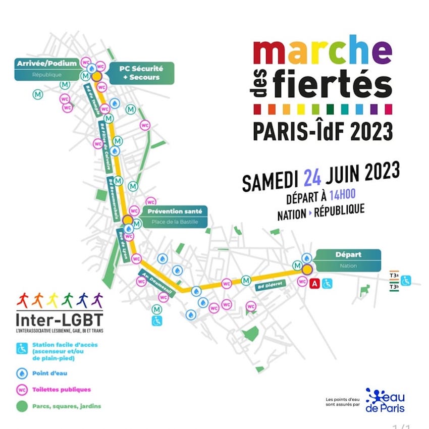 parcours Marche des Fiertés Paris 24/6/2023
