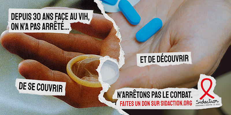 poster Sidaction 2024 : depuis 30 ans face au vih, on n'a pas arrêté de se couvrir et de découvrir, n'arrêtons pas le combat